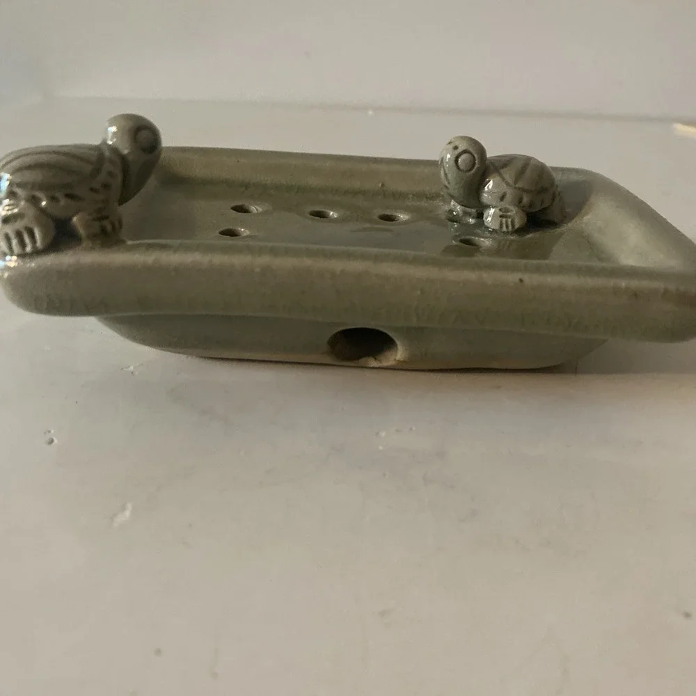 Whimisical Sage Green Soap Dish With Drain Holes Turtles Glazed Pottey